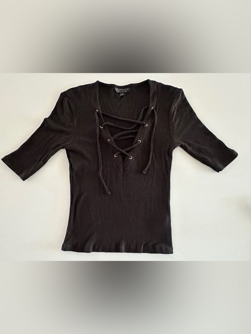 Topshop Women's 2016 Solid Black Ribbed Short Sleeved Lace Up Top Size 2